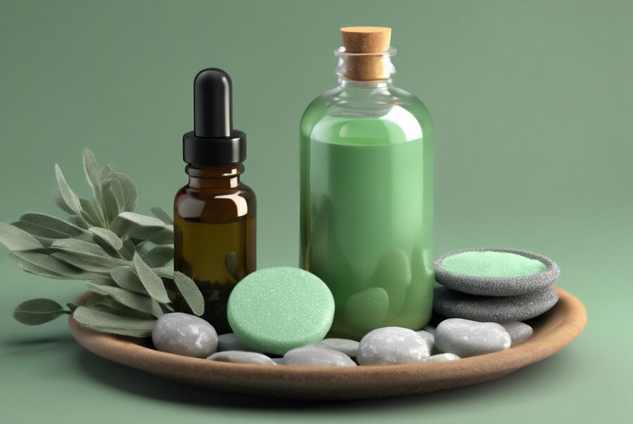 A spa-themed arrangement by the Salt & Sage Team features a green liquid bottle and brown dropper bottle nestled among green leaves, grey stones, and round green soaps. All elements rest elegantly on a round wooden tray, perfectly complementing the calming green backdrop.