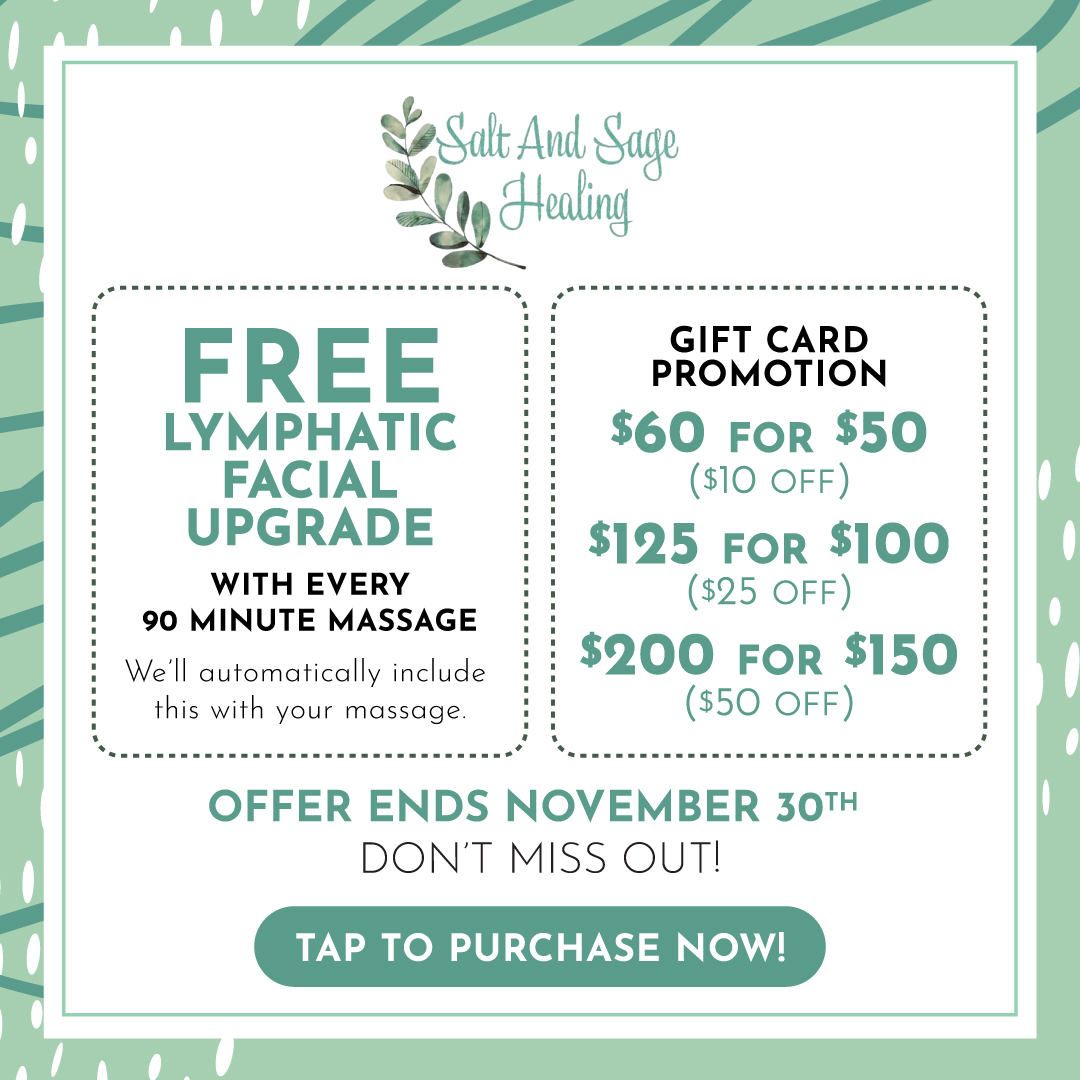 Free facial with 90-minute massage, gift card promo.